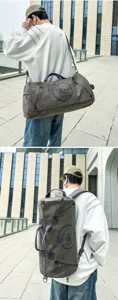 Detailed view of the grey canvas duffel bag being worn as a shoulder bag and backpack.