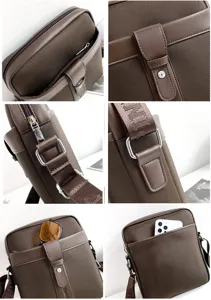 High-quality detail collage of brown Oxford messenger bag with pockets and strap.
