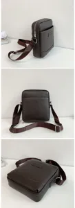 Three detailed angles of a brown textured PU leather men's casual crossbody bag.