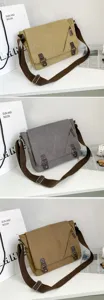 Canvas messenger bags in khaki, grey, and brown for a casual workwear look