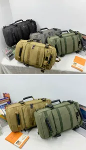 Detail view of large capacity canvas travel backpacks in multiple tactical colors.