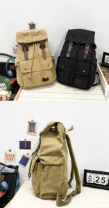 Detailed view of a vintage canvas drawstring backpack featuring stylish leather straps and pockets