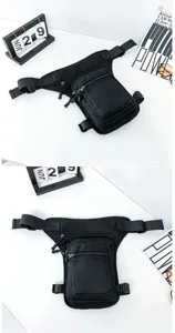 Top and front view of a black tactical motorcycle drop leg bag on white surface.