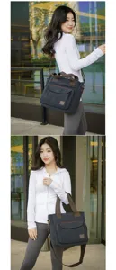 Asian model showcasing a large black canvas tote bag in an urban outdoor setting