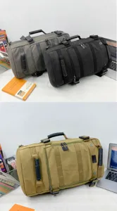 Detailed view of three colors of versatile canvas travel bags in a lifestyle setting