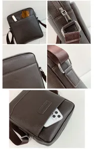 Detailed macro shots of brown PU leather men's messenger bag with textured finish