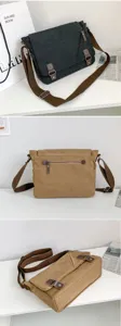Close-up collage of a vintage canvas messenger bag showing its front, back, and side angles