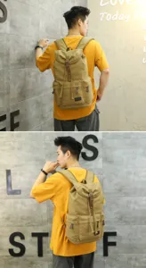 Close-up detail of retro khaki canvas backpack worn by a male model for outdoor travel