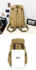 Casual khaki canvas backpack displayed with an A4 paper to show its size reference