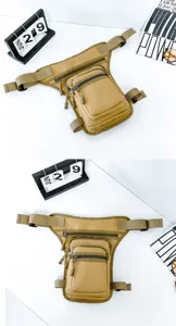 Detailed view of khaki tactical drop leg bag with multiple zipper compartments for men.