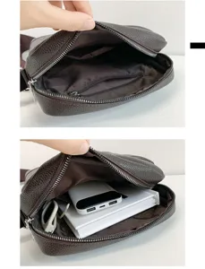 Detailed view of men's brown PU leather shoulder bag interior with multiple compartments.