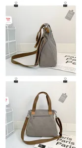 Front and side views of a gray canvas tote bag with brown straps and zipper detail