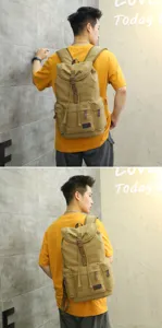 Detail of vintage men's khaki canvas backpack showing fit and style on male model