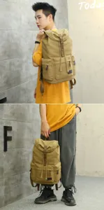 Vintage khaki canvas backpack for men, shown on model in different usage angles