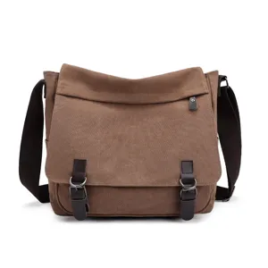 Durable brown canvas messenger bag for men featuring stylish double buckle closures