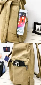 Close-up of canvas backpack pockets storing a tablet and smartphone for capacity