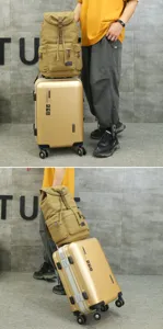 Durable retro khaki canvas backpack showcased on a gold suitcase during travel