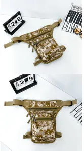 Detailed view of tactical digital camouflage drop leg bag with multi-pockets