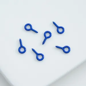 Close-up detail shot of small blue painted metal screw eye hooks, perfect for DIY accessories.