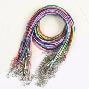 Detailed view of colorful 1.5-2mm wax cord necklaces with silver lobster clasps and chains