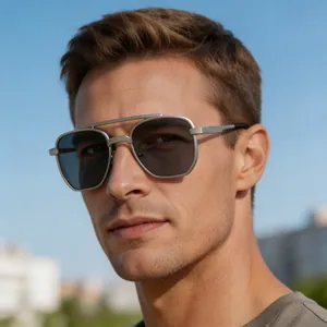 Gros plan de lunettes de soleil carrées en métal portées par un mannequin homme
