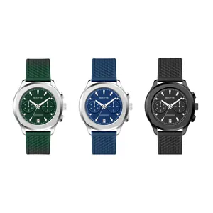 Display of Scottie 3012b men's chronograph watches in green, blue, and black variants.
