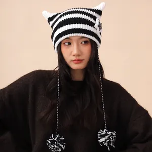 Cute Cat Ear Striped Knitted Beanie Hat Y2K Devil Style With Star Patch And Pom Poms For Women