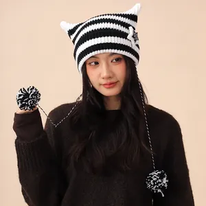 Cute striped cat ear knit beanie with star patch and hanging pom-poms for women