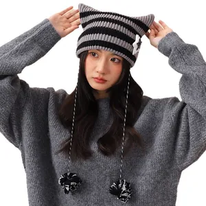 Cute striped cat ear beanie with pom-poms for women, Yabi style devil knit hat.