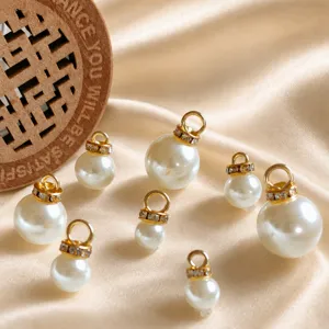 High Gloss Imitation Artificial Pearl Charms Round Pendants With Rhinestone Alloy Cap For Jewelry Making DIY Bracelet Earring Decor