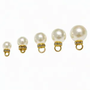 Set of five graduated ABS pearl pendants with gold rhinestone-studded hanging rings.