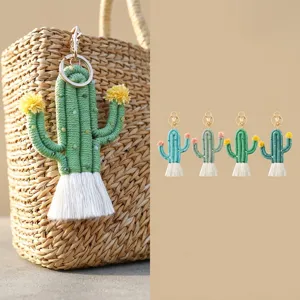 Handgefertigter Gewebter Kaktus Schlüsselanhänger Taschenanhänger Baumwollseil Quaste Böhmischer Stil Grüner Pflanzen Schmuck
