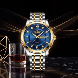 Detail view of KINGNUOS men's luxury quartz watch with blue dial and gold band