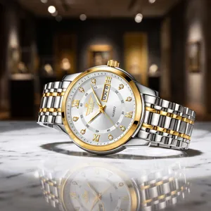 Close-up of two-tone luxury men's watch with diamond markers and day-date display.