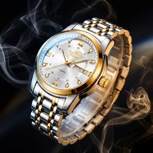 Luxury two-tone men's quartz watch with diamond hour markers and a white day-date dial.