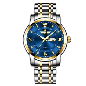 Classic men's two-tone waterproof quartz watch with blue dial and day-date display.