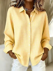 Elegante camicia casual da donna a quadretti gialli e bianchi con maniche lunghe