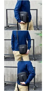 Photos lifestyle soulignant le design épuré et le détail de sangle d'une sacoche homme.