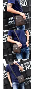 Detailed views of a stylish brown oxford fabric crossbody bag for men in an urban setting