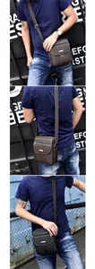 Men's Oxford cloth crossbody bag showing front and back views in black and brown.