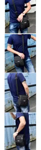 Detailed view of a black men's Oxford cloth crossbody bag shown from various angles.