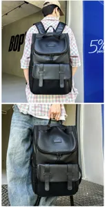 Vue détaillée du sac à dos tendance en cuir PU noir pour hommes, idéal pour voyage décontracté