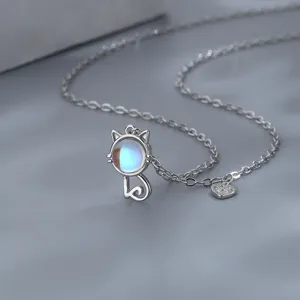 Silver cat necklace with iridescent moonstone pendant and heart paw charm for women