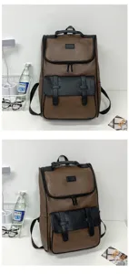Vues de face et de profil d'un sac à dos en similicuir marron avec détails noirs