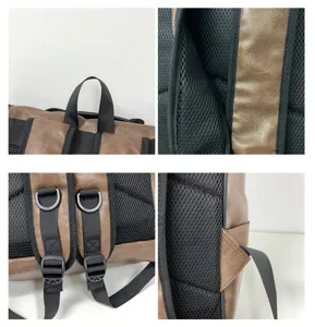 Vue détaillée du sac à dos en cuir PU marron montrant le rembourrage et les sangles.
