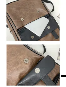 Gros plan de la poche du sac à dos en cuir PU marron avec fermeture magnétique
