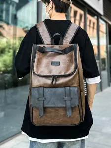 Grand sac à dos élégant en cuir PU marron et noir pour homme, idéal voyage et école