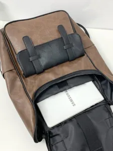 Sac à dos vintage en cuir PU marron pour homme avec compartiment pour ordinateur