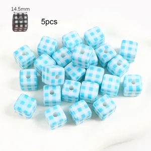 Blue and white checkered cube beads for DIY jewelry making, 14.5mm square loose beads