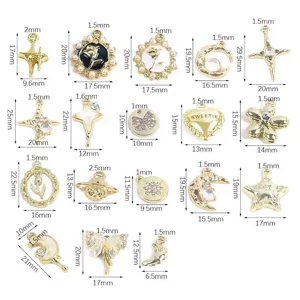 Detailed dimension chart for various alloy charms including stars, moons, and roses.